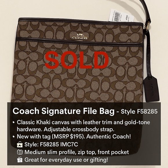 Coach Handbags - Coach Signature File Bag - Style F58285
Classic Khaki canvas with leather trim